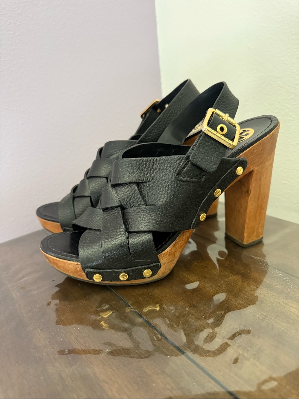 Tory Burch Black Leather Wood Platform Heels Sandals Gold Hardware 9.5
